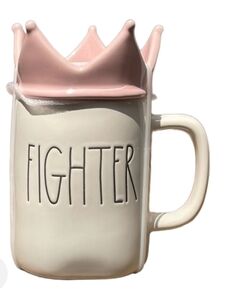NWT Rae Dunn Komen Collab Pink and White Fighter Mug with Crown Lid